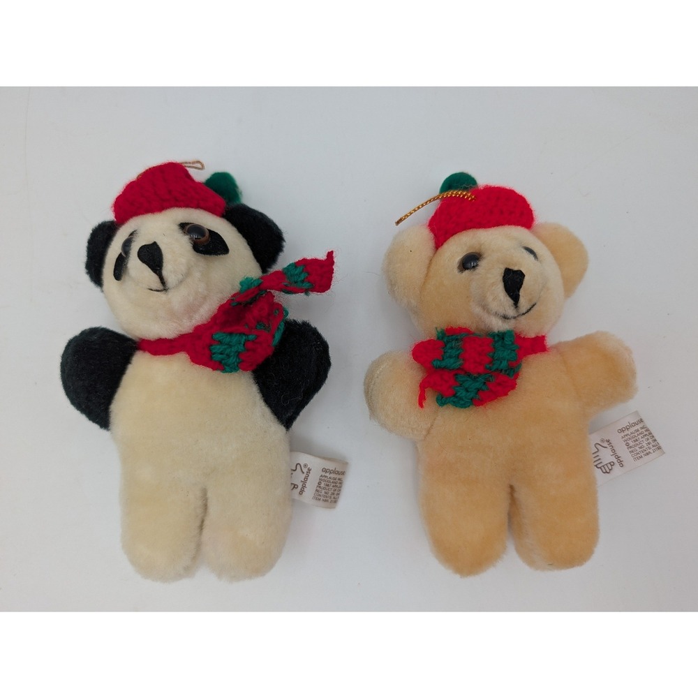 Applause Wool Plush Christmas Ornaments Lot Panda Teddy Bear 1987 Vintage